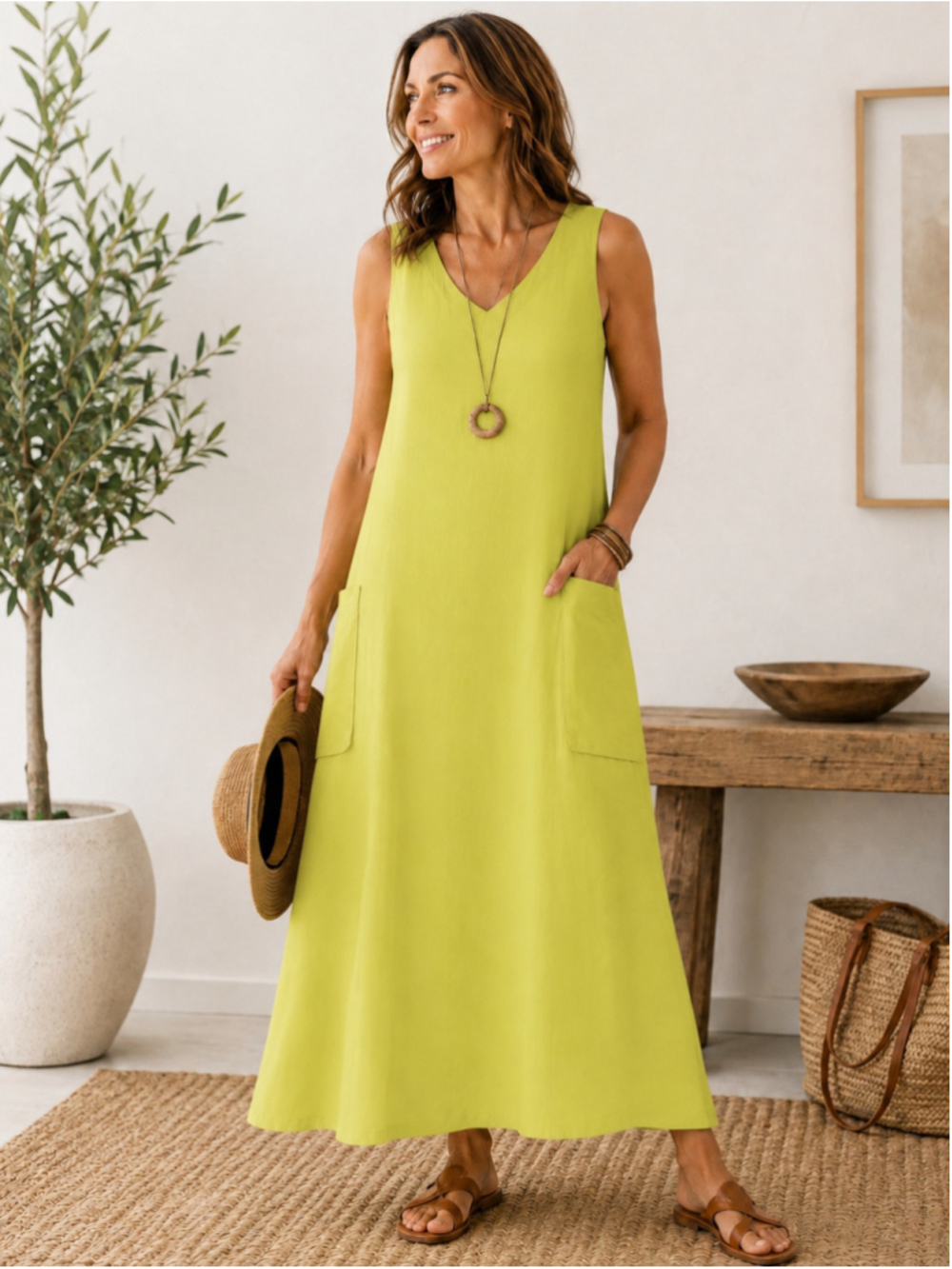 Match Point USA Lime Green Linen Maxi Dress M Sleeveless Coastal Lagenlook